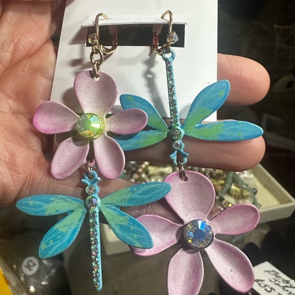 Betsey Johnson Pink Floral and Blue Dragonfly Earrings - Picture 3 of 8